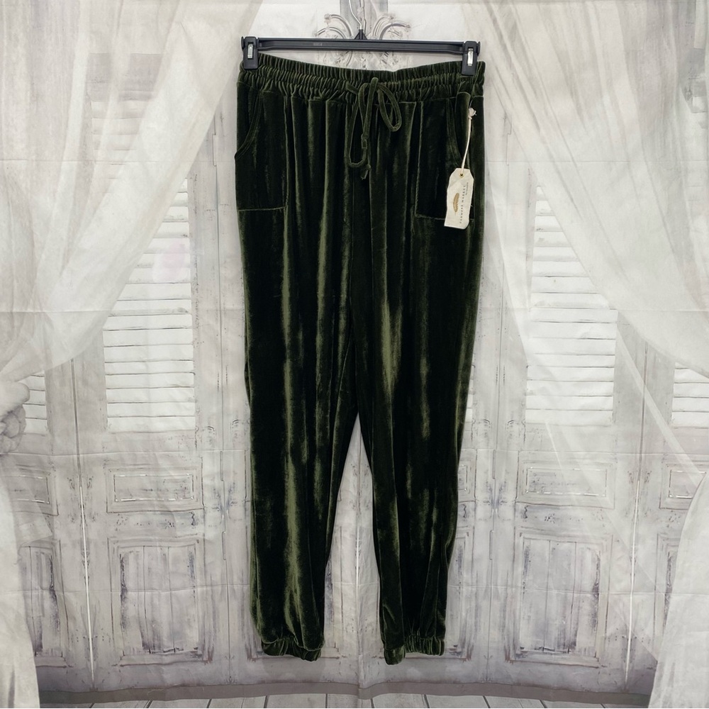 Farmers Market One World Size XL Olive Green Velvet Joggers Pants Elastic Waist